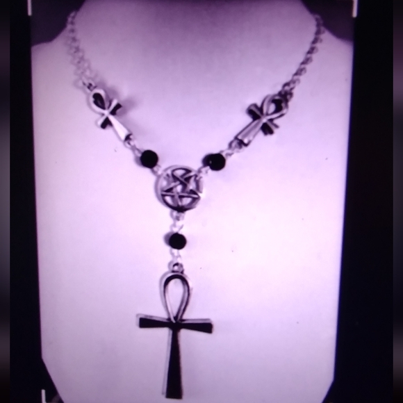 Jewelry - Beautiful Silver Egyptian Ankh 3 Cross Beaded Necklace